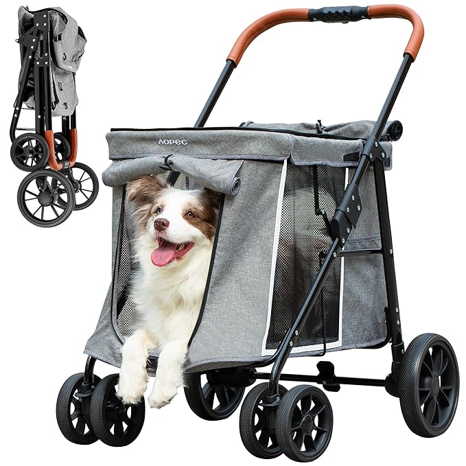 Medium Dog Stroller, Dual Entry One-Touch Folding,Small and Medium Pet Stroller,360° Rotating Front Wheels,80 lbs Weight Capacity for Outdoor Travel and Elderly Dogs - Gray