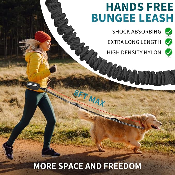 Hands Free Dog Leash with Removable Zipper Pouch, Dual Padded Handles and Durable Bungee for Walking, Jogging and Running Your Dog (Large,35-140 lbs -Black