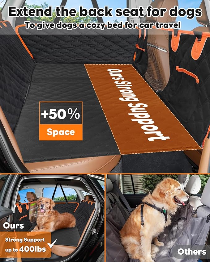 Back Seat Extender for Dogs- Dog Car Seat Cover for Back Seat Bed for Car Travel Bed with Mesh Window and Storage Pocket, Supports 330LB Waterproof Dog Hammock for Car, SUV, Truck