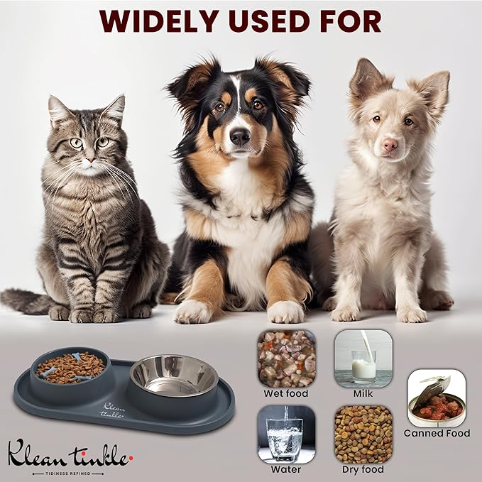 Pets Dog Bowl Set - Anti Skid Removable Double Slow Feeder Dog Bowls with Non Skid Silicone Mat - Stainless Steel Dog Water Bowl for Cats & Pets – A Beautiful Slate Gray Color