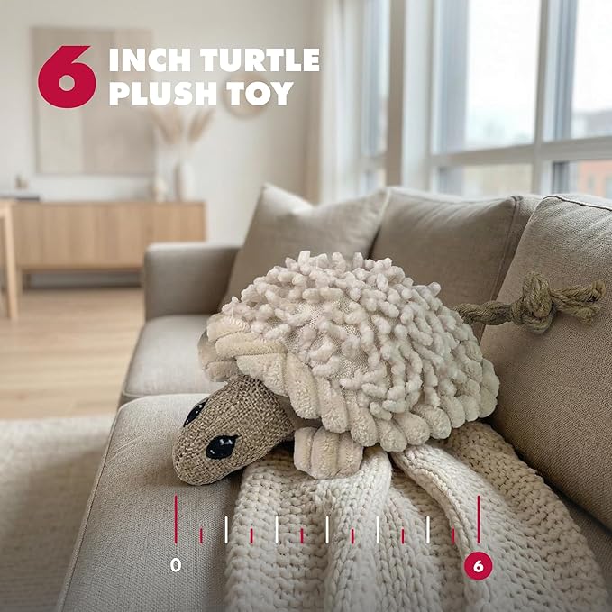 Pet Lou 6 Inch Turtle Dog Chew Toy with Squeaker, Durable Nubby Multi-Texture Plush Toy for Indoor & Outdoor Play, Stuffed Dog Toy for Teething, 100% Natural