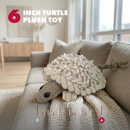 Pet Lou 6 Inch Turtle Dog Chew Toy with Squeaker, Durable Nubby Multi-Texture Plush Toy for Indoor & Outdoor Play, Stuffed Dog Toy for Teething, 100% Natural