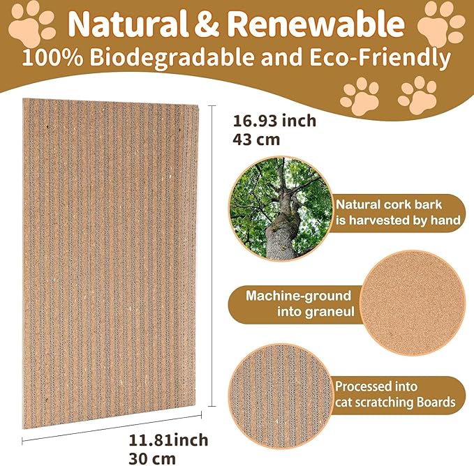 Natural Cork cat Scratch pad for Cats-cat scratchers for Indoor-cat Scratching-cat Scratcher Furniture for Wall & Floor - cat Scratching Posts ardboard Blend, No Mess Splinters Easy Clean-2 Pack