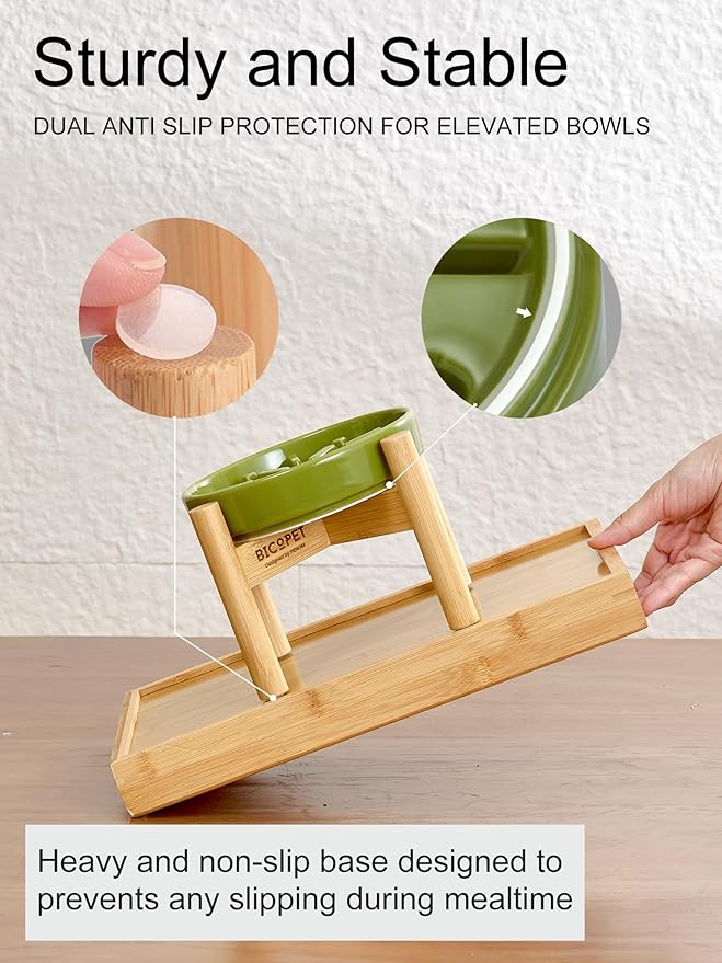 Ceramic Maze Dog Slow Feeder with Non-Slip Silicone Rim (& Bamboo Stand) – Heavy-Duty Stoneware Bowl with Puzzle Pattern for Bloating & Obesity Prevention (Raised-Green-M)