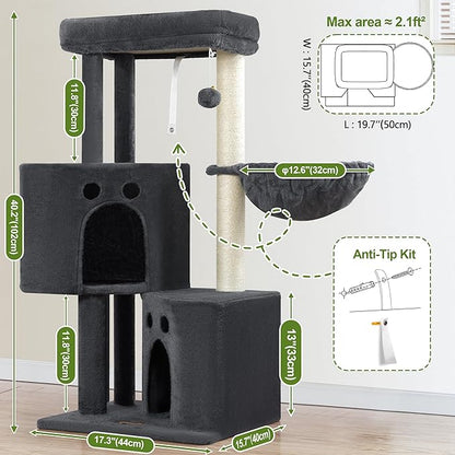 Small Cat Tree Tower for Indoor Cats, 40 In Medium Multi-Level Compact Cat House Bed with 2 Condos, Large Platform Perch, Sisal Scratching Post, Hammock, Cat Climbing Stand for Kitty kitten(Dark Grey)