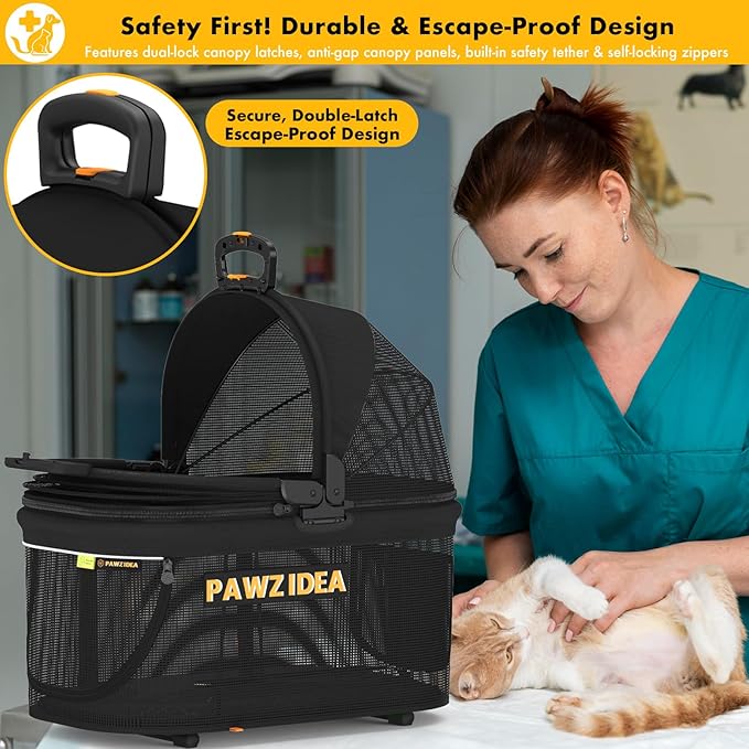 PAWZIDEA Portable Small Dog Crate for Car Travel up to 33lb, Enclosed Dog Car Seat Soft-Sided, Escape-Proof Reversible No-Zip Canopy, Foldable Pet Carrier Seatbelt for Small Medium Puppy & Cats Kennel