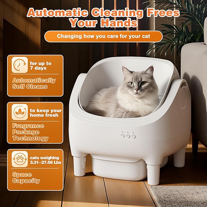 Greesum Self Cleaning Cat Litter Box – Automatic Open-Top Smart Litter Box with App Control, 15L Odor-Sealed Waste Bin, Ultra Quiet 35dB, Multi-Cat & Large Cat Compatible, with Trash Bags & Mat