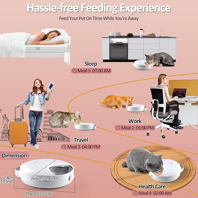 Automatic Cat Feeder Wet Food, Battery Operated Auto Feeder 4 Meals with 2 Ice Packs, Digital Cordless Pet Fresh Food Bowl for Cats Small Dogs with Programmable 12H/24H Format Timer-(Battery Included)