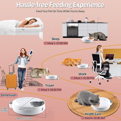 Automatic Cat Feeder Wet Food, Battery Operated Auto Feeder 4 Meals with 2 Ice Packs, Digital Cordless Pet Fresh Food Bowl for Cats Small Dogs with Programmable 12H/24H Format Timer-(Battery Included)