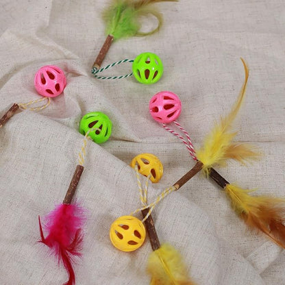 3-in-1 Cat Toy Balls with Feather, Silvervine Stick and Inside Bell, Colorful Lattice Interactive Bell Balls for Indoor Cats and Kittens, Cat Teeth Cleaning Toys, 6 Pcs
