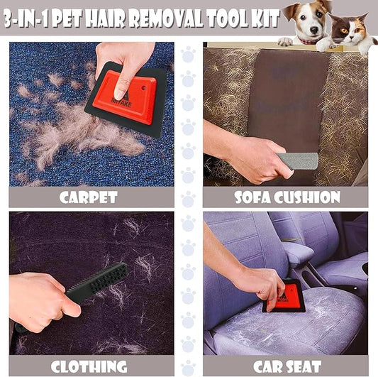 Miyake 3-in-1 Pet Hair Remover Rubber Brush with Squeegee, Cat and Dog Hair Remover Pumice Stone Tool, Lint & Carpet Cleaner for Couch, Furniture, Clothes, Pet Bed, Car Detailing Supply & Home Tools