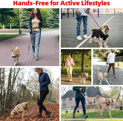 Roses&Poetry Hands Free Dog Leash for Small Dogs, All-in-One Leash & Collar 6.6-8.7ft Adjustable Waist Crossbody Leash for Dog Walking Lightweight with No Metal Clip Running Jogging