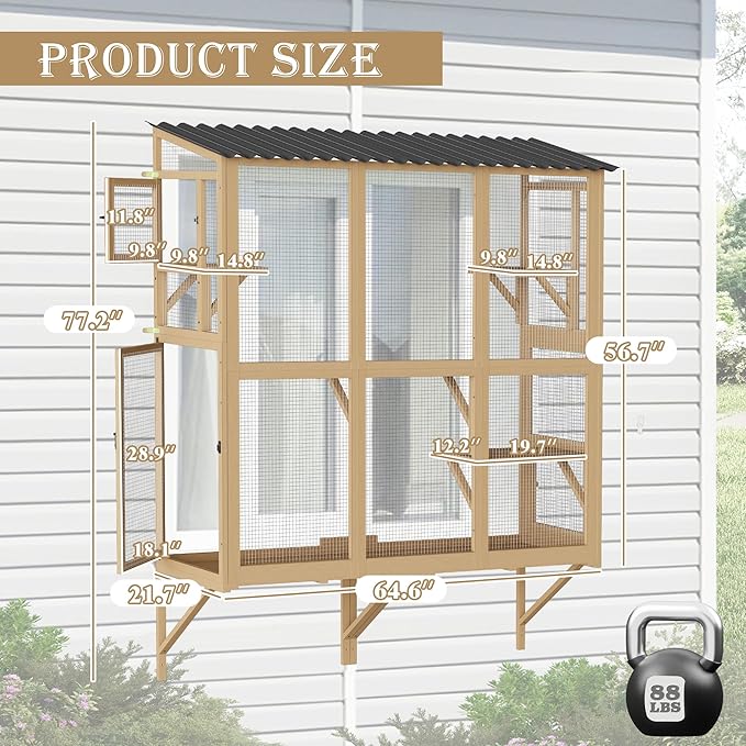 Large Catio Cat Window Box, Outdoor Cats Window Perch Enclosure for Indoor Cats with 4 Jump Platforms & 4 Doors, Kitten Cat Patio House Connected with Tunnels, All Weather Use (Natural)