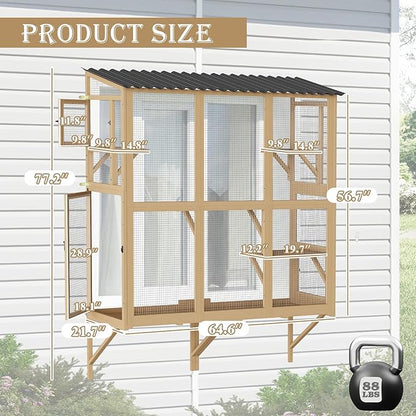 Large Catio Cat Window Box, Outdoor Cats Window Perch Enclosure for Indoor Cats with 4 Jump Platforms & 4 Doors, Kitten Cat Patio House Connected with Tunnels, All Weather Use (Natural)