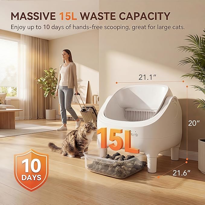 Self Cleaning Cat Litter Box, Greesum Automatic Open-Top Smart Litter Box with App Control, 15L Odor-Sealed Waste Bin, Quiet 35dB, Safety Sensors for Large Cats & Multi-Cat Homes
