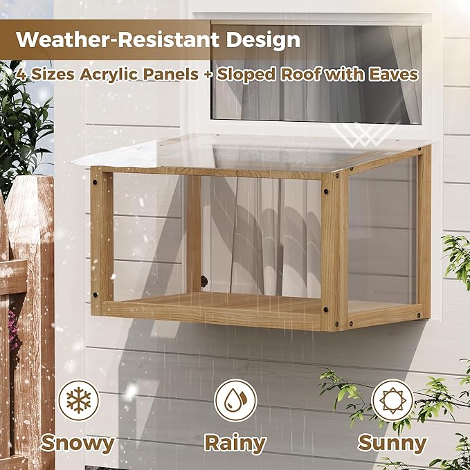 Waterproof Window Cat Perch Catio, Solid Wood Cat Window Box with Clear Acrylic Panels, Outdoor Cat Enclosure for Indoor Cats, Window Catio for Single-Hung Windows 24–35 in