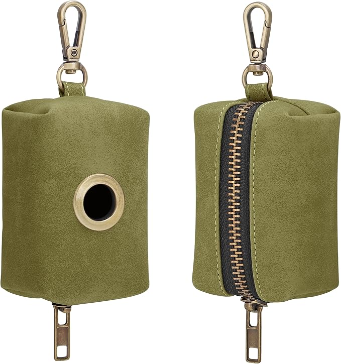 Didog Classic Dog Poop Bag Holder, Easy-Pull and Elegant PU Leather Pet Waste Bag Dispenser for Leash with Carabiner Clip, Includes 1 Roll Dog Waste Bag for Daily Walking,Olive Green