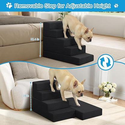 Dog Stairs for Small Dogs, 5 Step Pet Stairs for High Beds and Couch, Dog Steps for Bed Balanced 22.4" H, Foldable Pet Ramp for Large Cats Climb, Non-Slip Bottom Doggy Step, Black