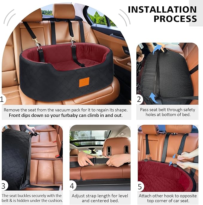Dog Car Seat for Medium Dogs Up to 50 lbs, Pet Booster Seat for Cars SUVs and Trucks, Washable and Detachable Dog Car Bed with Safety Strap, Thick Cushion, Non-Slip Base (Black/Red)
