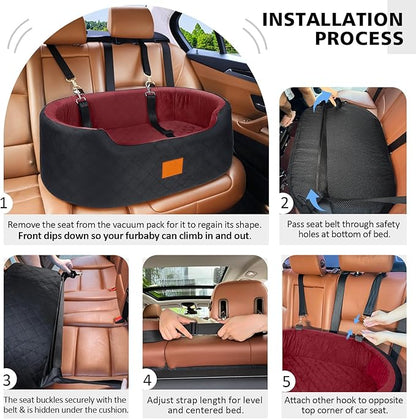 Dog Car Seat for Medium Dogs Up to 50 lbs, Pet Booster Seat for Cars SUVs and Trucks, Washable and Detachable Dog Car Bed with Safety Strap, Thick Cushion, Non-Slip Base (Black/Red)