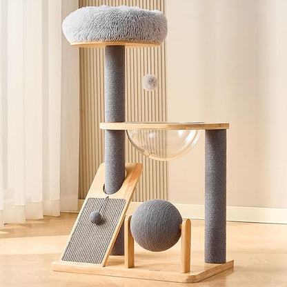 HITTITE Solid Wood Cat Tree Tower with Scratching Post, 37.8 Inches Tall Cat Towers with Scratching Board and Scratcher Ball, Modern Cat Tower With Space Capsule and Removable Top Bed for Indoor Cats.