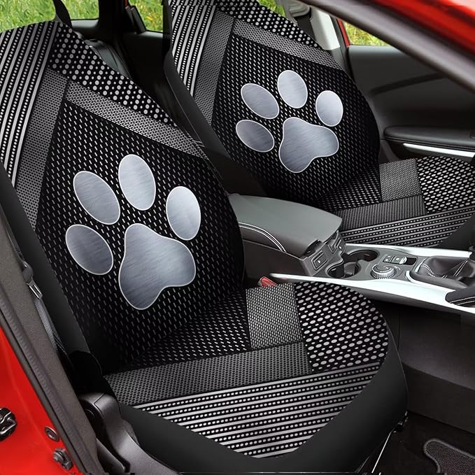 Silver Metal Dog Paw Print Car Front Seat Covers Full Set of 2, Waterproof Stretchy Automotive Interior Accessories Universal Fit Most Vehicles