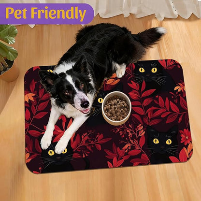 Black Cat Forest Pet Feeding Mat, Fast-Dry Absorbent Dog and Cat Bowl Mat, Waterproof Non-Slip Base for Messy Eaters, Indoor Pet Accessories – 16x24 Inch