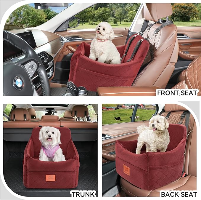 GL GLENSLAVE Dog Car Seat for Small/Medium Dogs, Dog Booster Car Seats with Thick Cushion for Dogs Under 35lbs, Detachable Washable Pet Carseat with Storage Pockets, 2 Safety Belts(Red)