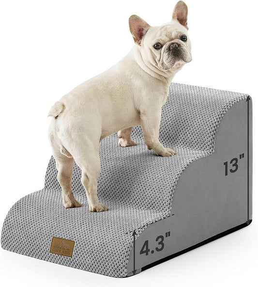 Dog Stairs for Small Dogs 13" H, 3-Step Slope Curved Dog Steps for Couch, Chair or Bed, Sturdy Pet Stairs for Puppy, Older Cat, Cat Ladder with High Density Foam, 15.7x20x13 inch, Gray
