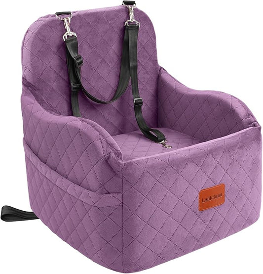 Lealchum Dog Booster Car Seat for Small/Medium Dogs,Puppy Portable Car Bed with Elevated Cushion,Fully Detachable and Washable,2 Storage Pockets,Easy to Install (Purple, Medium)
