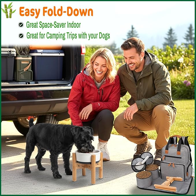 Dog Bowl Stand - Raise, Elevate Bowls to 9-inch High - Adjustable, Fits 6 up to 8-inch Medium Dog Food/Water Feeders, Dishes and Fountains - Durable Bamboo