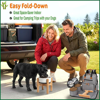 Dog Bowl Stand - Raise, Elevate Bowls to 9-inch High - Adjustable, Fits 6 up to 8-inch Medium Dog Food/Water Feeders, Dishes and Fountains - Durable Bamboo
