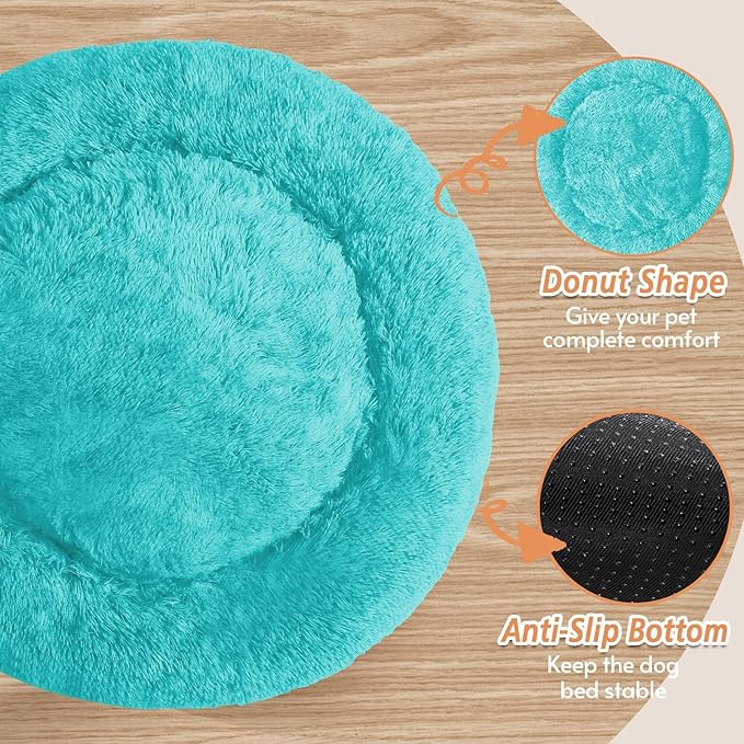 JOLLYVOGUE Calming Small Dog & Cat Bed for Indoor Cats - 20 inches Washable Donut Bed for Kittens & Puppies, Anti-Anxiety Round Fluffy Plush Pet Beds (Fits up to 15 lbs, Aqua Blue)