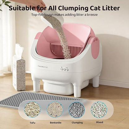 Thereye Self Cleaning Cat Litter Box, Open-Top Automatic Litter Box with APP Control, Safety Sensor and 10L Large Waste Bin, Smart Kitty Litter Boxes with Trash Bags and Mat for Multiple Cats