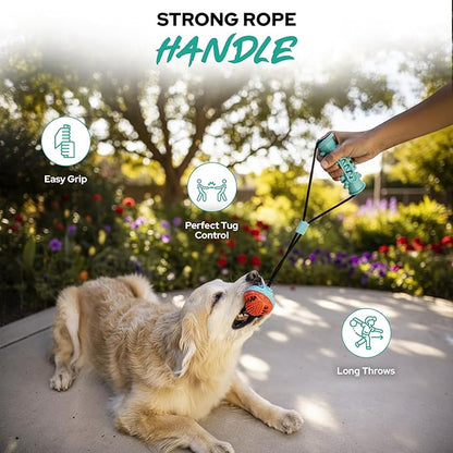 Dog Ball with Rope – Durable TPR Chew Toy for Tug, Fetch & Dental Cleaning – Treat Dispensing Interactive Toy for Small, Medium & Large Dogs – Indoor Outdoor Play Training by Tail Town