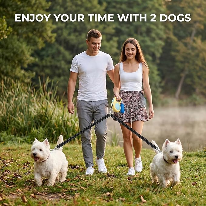 Double Dog Leash for Walking 2 Small Dogs (Up to 33 Lbs Each), Dual Retractable 9.8ft Extendable Strong Nylon Tape Pet Leash with Poop Bags, One-Handed Brake, Pause, Lock (Blue)