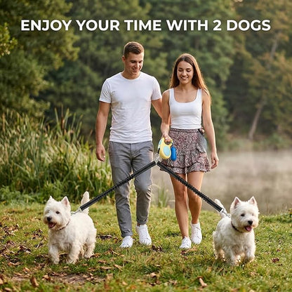 Double Dog Leash for Walking 2 Small Dogs (Up to 33 Lbs Each), Dual Retractable 9.8ft Extendable Strong Nylon Tape Pet Leash with Poop Bags, One-Handed Brake, Pause, Lock (Blue)