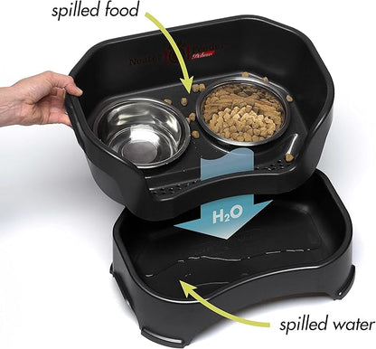 Neater Feeder Deluxe Mess-Proof Elevated Dog Bowls for Medium Dogs (19–40 lbs), 2 Height Adjustable (10” & 12.5”) No-Spill Raised Dog Bowl Stand, Stainless Steel Food Bowl Set, Made in USA, Black