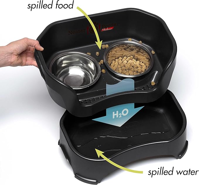 Neater Feeder Deluxe Mess-Proof Elevated Dog Bowls for Large Dogs (40+ lbs), 2 Height Adjustable (14.5” & 17.5”) No-Spill Raised Dog Bowl Stand, Stainless Steel Food Bowl Set, Made in USA, Black
