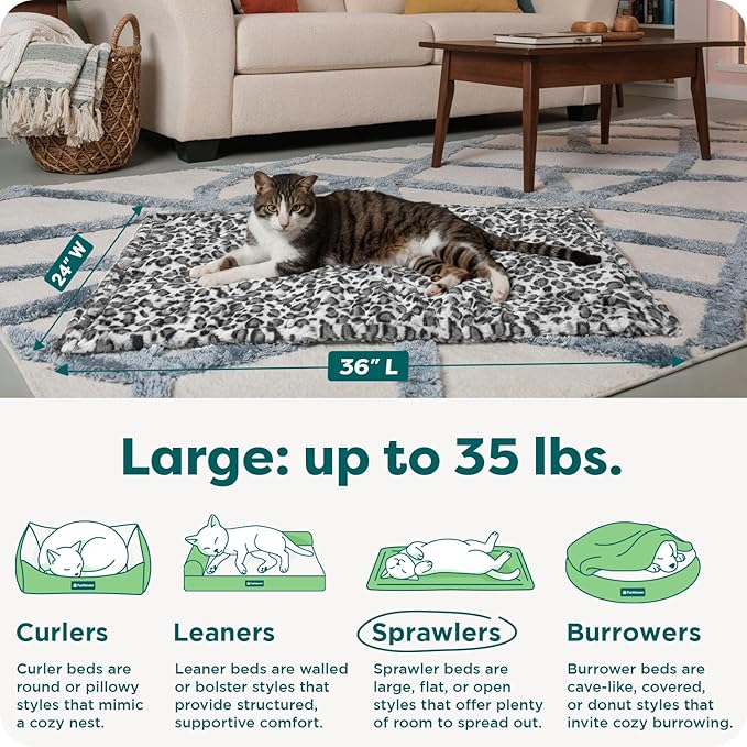 Furhaven ThermaNAP Self-Warming Cat Bed for Indoor Cats & Large/Medium Dogs, Washable & Reflects Body Heat - Quilted Faux Fur Reflective Bed Mat - Snow Leopard, Large