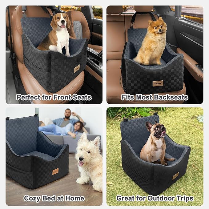 JOEJOY Elevated Dog Car Seat for Small/Medium Dogs up to 35 lbs, Memory Foam Booster Seat with Detachable Washable Cover, Travel-Safe Car Bed with Safety Belts & Storage Pockets, Dark Grey