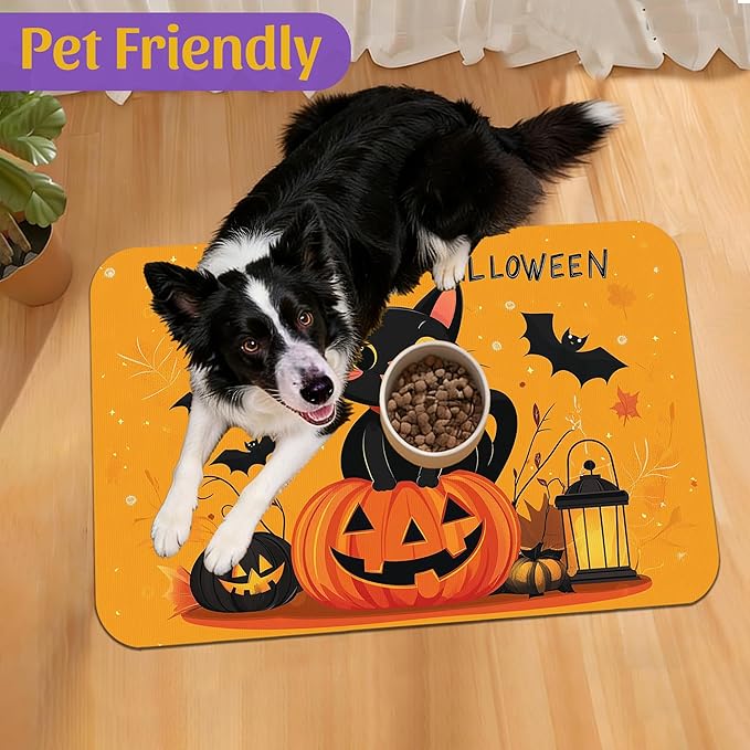 Halloween Cat Pet Feeding Mat, Absorbent Dog Bowl Pad, Quick Dry with Anti-Skid Bottom, Indoor Pet Accessories – 16x24 Inch