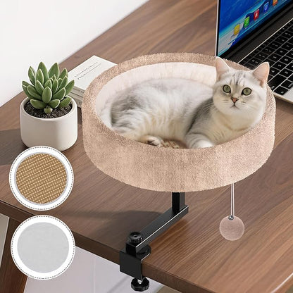 Cat Desk Bed - 360° Rotating & Adjustable, Supports 50 lbs, Soft Faux Fur with Dual-Sided Reversible Mat, Modern Indoor Cat Nest Furniture for Office Desks and Game Tables, Island Table