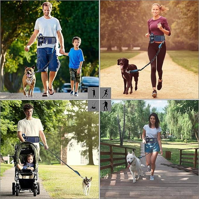 Hands Free Dog Leash with Waist Bag for Medium to Large Dogs, Dual-Handle Reflective Bungee Leash with Poop Bag Dispenser Pouch, Adjustable Waist Belt for Night Walking Jogging Hiking