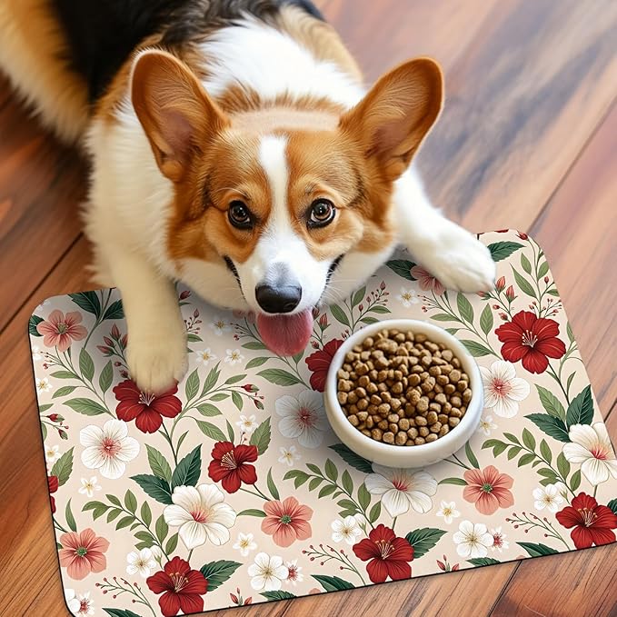 Patterned Cat & Dog Bowl Mat for Food and Water, 17"×30" Quick Dry Absorbent Pet Feeding Mat, Eco-Friendly Dog Placemat