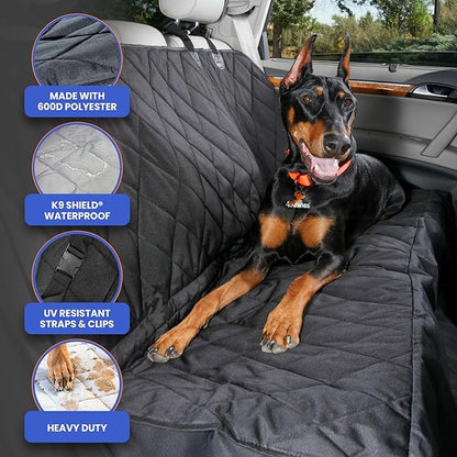 4Knines Dog Backseat Cover with Hammock for Cars, SUVs, and Trucks – Waterproof Layers, Nonslip Seat Protector, Durable Nylon Clips, K9 Shield with Heavy Duty Thread, (Regular, Tan)