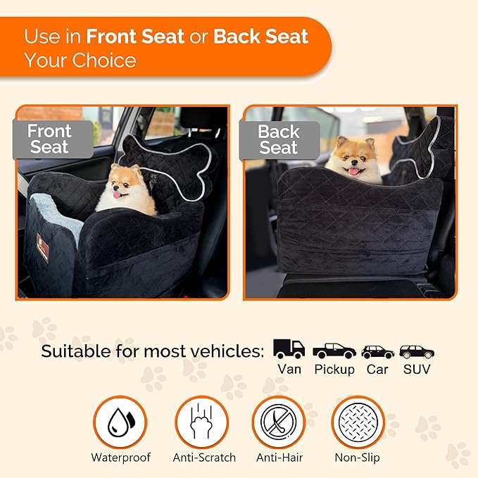 Yara’s Woofyverse Dog Seat for Car – Booster Seat for Small & Medium Dogs with Adjustable Cushions, Fur-Lined Headrest & 6-Pocket Storage – Portable Pet Car Seat for Front/Back Travel – Midnight Ash