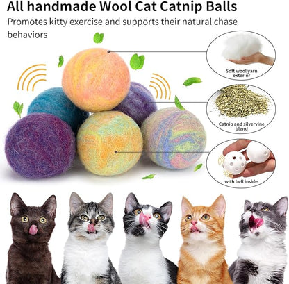 Retro Shaw Catnip Balls with Bell Inside - 6 Pcs Interactive Catnip & Silvervine Cat Toys, Durable Wool Balls for Indoor Cats, Kitten Teething Toys, Natural Catnip Toys for Bored Cats