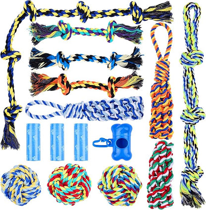 15 Pack Dogs Rope Toys for Large/Medium/Small Aggressive Chewers, Tough Cotton Dental Rope Toys Kit, Heavy Duty Dog Tug of War Toy for Chewing, Playing, Teething, Teeth Cleaning, Tossing and Catching