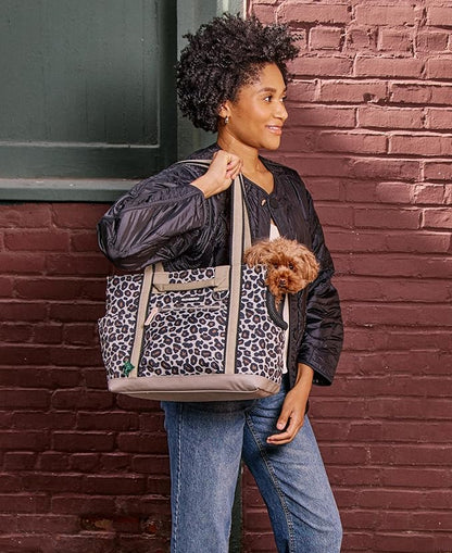 Cleverpup Transit Tote Dog Carrier for Small Dogs Under 8 lbs, 16x11x8 Soft-Sided 4-Pc Set with Waterproof Base, Plush Insert, Food Pouch, Mesh Head Opening - Small, Leopard